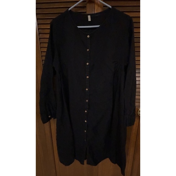 Embellish Tops - Embellish Black Linen Tunic Dress Large Button Front Lagenlook Boho Minimalist